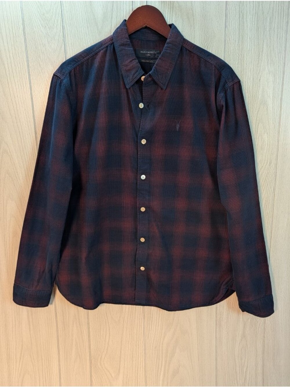 All Saints Relaxed Fit Flannel Button Down Size Large Blue Red Organic Cotton
